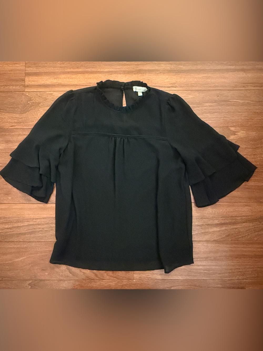 Monteau Black Ruffle Sleeve Blouse with Keyhole Neck